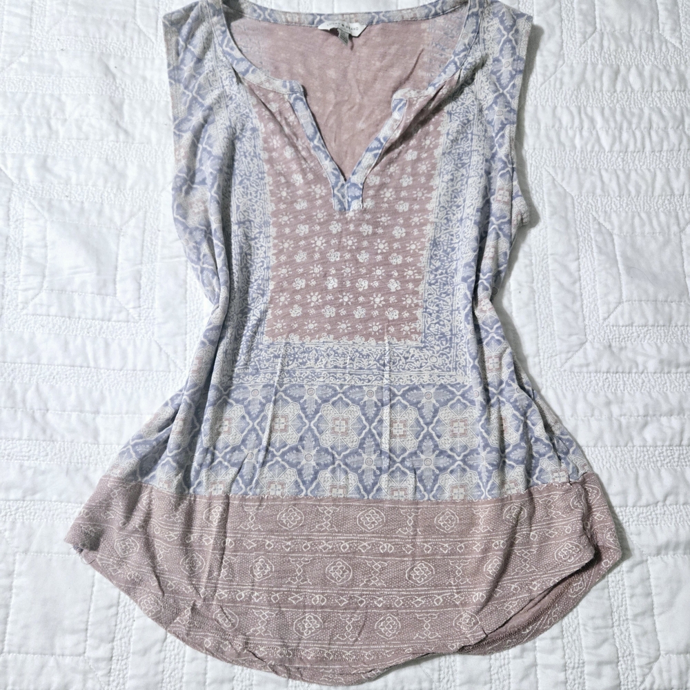 Lucky Brand Gray Tan Asymmetrical Sleeveless Polo Top